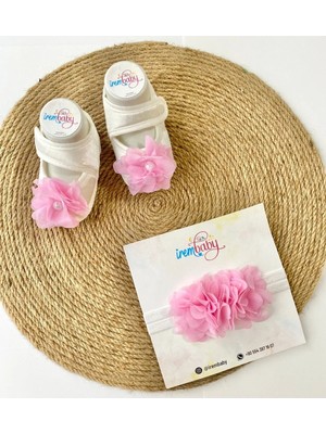 İrembaby Bebek Lohusa Seti Pembe Çiçekli Bebek Ayakkabısı ve Bebek Saç Bandı Lohusa Takımı Çekim-Mevlüt