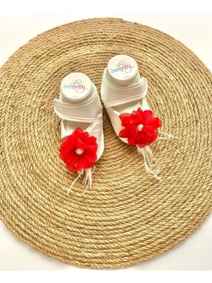 İrembaby Bebek Lohusa Kırmızı Çiçekli Incili Lohusa Bebek Ayakkabı