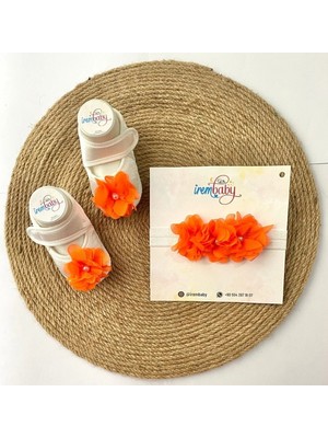 İrembaby Bebek Lohusa Seti Turuncu Çiçekli Bebek Ayakkabısı ve Bebek Saç Bandı Lohusa Takımı Çekim-Mevlüt