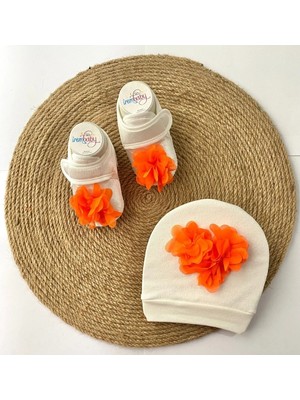 İrembaby Bebek Lohusa Seti Turuncu Çiçekli Bebek Ayakkabısı ve Bebek Şapkası Lohusa Takımı Çekim-Mevlüt