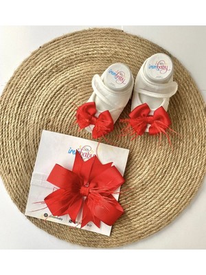 İrembaby Bebek Lohusa Seti Kırmızı Tüylü Bebek Ayakkabısı ve Bebek Saç Bandı Lohusa Takımı Çekim-Mevlüt
