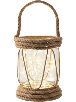 Dyrıs Rustik Halatlı Cam Fener 20X10 cm – Pilli Peri Ledli Askılı Balkon & Bahçe Lambası