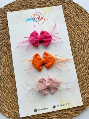 İrembaby 3'lü Set Bebek - Çocuk Saçsız Bebek Tokası Seti Turuncu - Fuşya - Pudra Fiyonklu Tüylü Toka Set
