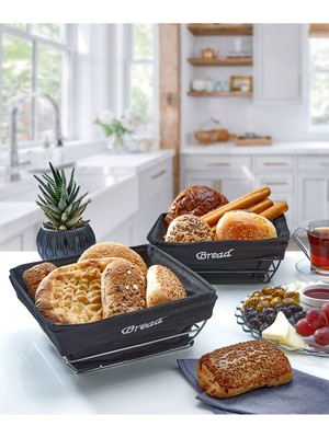 Feyza Design Şık 3'lü Kare Bez Ekmek Sepeti, Mutfağınıza Şıklık Katacak Set