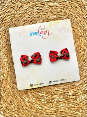 İrembaby 2'li Set Bebek - Çocuk Saçsız Bebek Tokası Seti Leopar Desenli Kırmızı Fiyonklu Toka Set