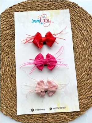 İrembaby 3'lü Set Bebek - Çocuk Saçsız Bebek Tokası Seti Kırmızı - Fuşya - Pudra Fiyonklu Tüylü Toka Set
