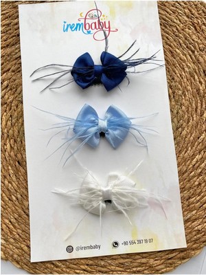 İrembaby 3'lü Set Bebek - Çocuk Saçsız Bebek Tokası Seti Lacivert - Mavi - Beyaz Fiyonklu Tüylü Toka Set