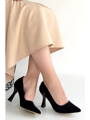 Siyah Süet Fermuar Detaylı Sivri Burun Topuklu Ayakkabı Topuk Boyu 8,5 cm