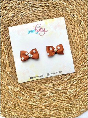 İrembaby 2'li Set Bebek - Çocuk Saçsız Bebek Tokası Seti Fiyonklu Kahverengi Puantiyeli Toka Set