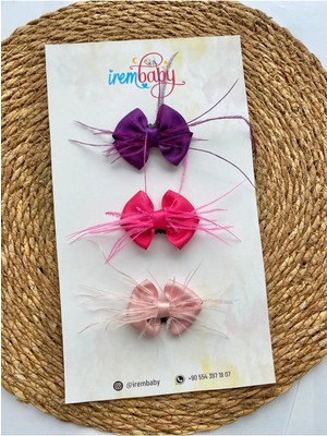 İrembaby 3'lü Set Bebek - Çocuk Saçsız Bebek Tokası Seti Mor - Fuşya - Pudra Fiyonklu Tüylü Toka Set