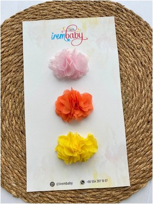 İrembaby 3'lü Set Bebek - Çocuk Saçsız Bebek Tokası Seti Pembe - Turuncu - Sarı Çiçekli Toka Set