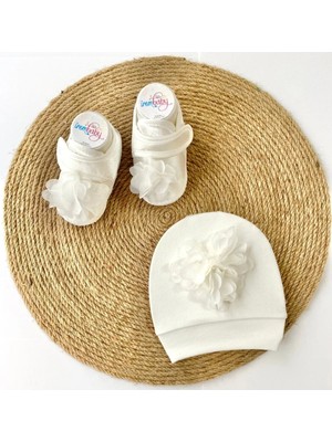 İrembaby Bebek Lohusa Seti Beyaz Çiçekli Bebek Ayakkabısı ve Bebek Şapkası Lohusa Takımı Çekim-Mevlüt