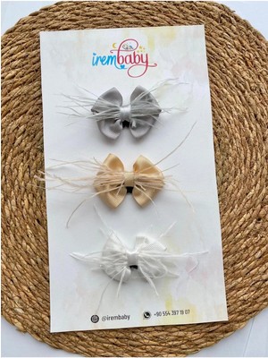 İrembaby 3'lü Set Bebek - Çocuk Saçsız Bebek Tokası Seti Gri - Gold - Beyaz Fiyonklu Tüylü Toka Set
