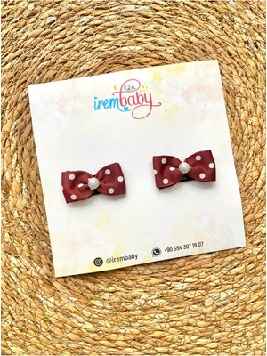 İrembaby 2'li Set Bebek - Çocuk Saçsız Bebek Tokası Seti Fiyonklu Puantiyeli Kahverengi Toka Set