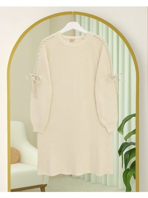 Modamorfo Omuzu Saç Örgülü Salaş Triko Tunik -Ekru