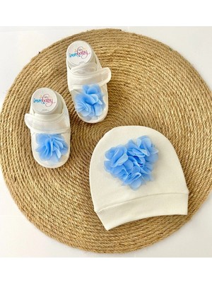 İrembaby Bebek Lohusa Seti Mavi Çiçekli Bebek Ayakkabısı ve Bebek Şapkası Lohusa Takımı Çekim-Mevlüt
