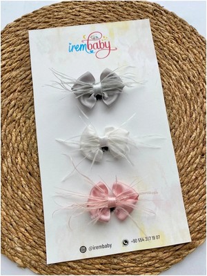İrembaby 3'lü Set Bebek - Çocuk Saçsız Bebek Tokası Seti Gri - Beyaz - Pudra Fiyonklu Tüylü Toka Set