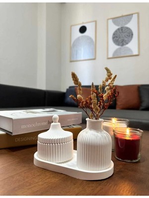 Bernami Düğün Pinterest Dekoratif 3'lü Vazo Sunumluk Tabak Set Beyaz
