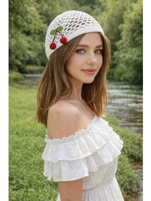 Happy Handmade Kirazlı Kroşe Şapka/beyaz Şapka/beyaz Bere/mesh Hat/plaj Şapkası/hediyelik