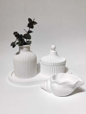 Bernami Düğün Pinterest 4'lü Beyaz Ev Dekorasyon Set Küçük Vazo, Küçük Takı Kutusu, Altlık Tabak, Deniz Kabuğu