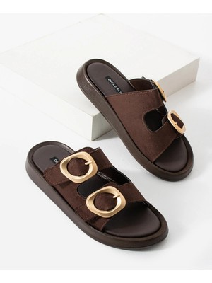 Kadın Kahverengi Süet Çift Tokalı Yumuşak Tabanlı Günlük Terlik Nacho