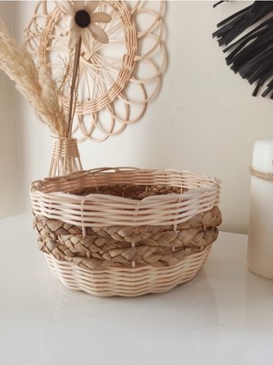 Feyza Design Doğa Dostu Hasır Bambu Rattan Ahşap Tabaklı Sepet 20X10 cm