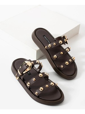 Kadın Kahverengi Altın Zımbalı Terlik  Yumuşak Tabanlı Bantlı Tokalı Günlük Terlik Petya