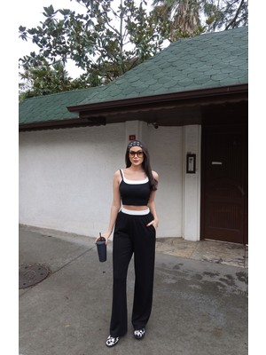 Kechi Woman Modal Kumaş Askılı Ikili Takım, Crop Top ve Pantolon Seti, Beyaz Şeritli Detaylı