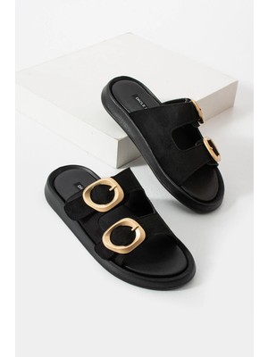 Kadın Siyah Süet Çift Tokalı Yumuşak Tabanlı Günlük Terlik Nacho