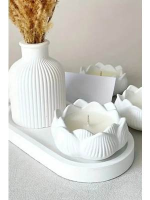 Bernami Dekoratif Pinterest 3’lü Set Dekoratif Tealight Lotus Çiçeği Mumluk + Dekoratif Çizgili Vazo+ Dekoratif Tabak