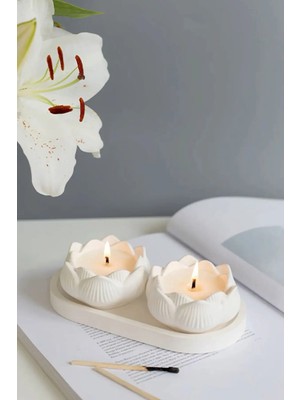 Bernami Düğün Pinterest 3'lü Dekoratif Lotus Mum ve Beyaz Tabak Seti