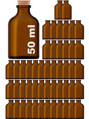 Feyza Design 50 ml Kahverengi Cam Şişe, 50 Adet, Amber Penisilin Mantar Tıpalı Yuvarlak