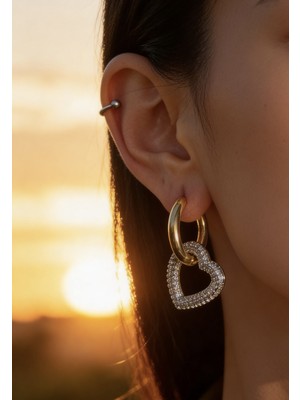 MonCherietr Adora Loop Zirkon Taşlı Kalp Detaylı Gold Küpe