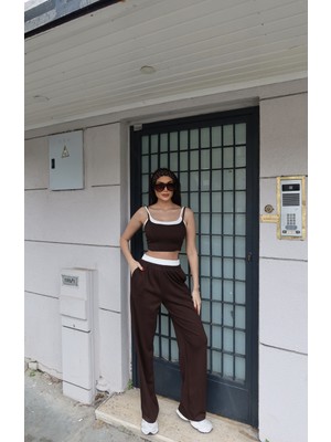 Kechi Woman Modal Kumaş Askılı Ikili Takım, Crop Top ve Pantolon Seti, Beyaz Şeritli Detaylı