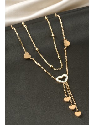 Makay Kalp Taşlı Çelik Ikili Kolye