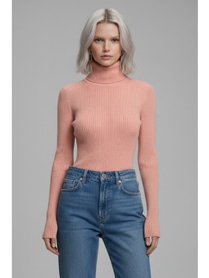 Hsc Bilişim Kadın Pudra Pembe Tam Boğazlı Fitilli Triko Kazak - Yumuşak Dokulu Kışlık Slim Fit Örme Bluz