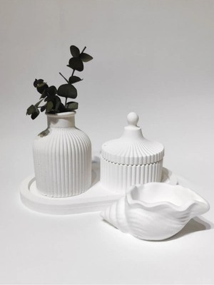 Bernami Kdekoratif Pinterest 4'lü Beyaz Ev Dekorasyon Set Küçük Vazo, Küçük Takı Kutusu, Altlık Tabak, Deniz Kabuğu