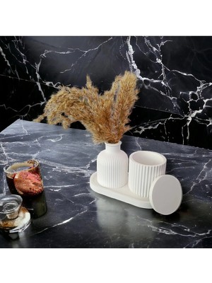 Bernami Kdekoratif Pinterest Düz Oval Tepsi, Vazo, Mumluk 3 Parça Set