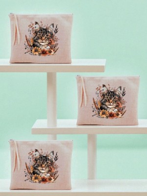 Özgürce Çiçekli Kedi Baskılı 3'lü Makyaj Çantası, Kadın Doğum Günü Hediyesi