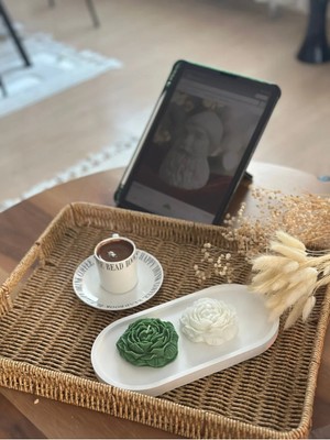 Bernami Düğün Pinterest Beyaz Tepsi ile Beyaz-Yeşil Şakayık Mum Seti