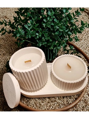 Bernami Mevlüt Pinterest Dekoratif Tabakta 2'li Set, Kokulu Ahşap Fitilli Kapaklı ve Kapaksız Mum