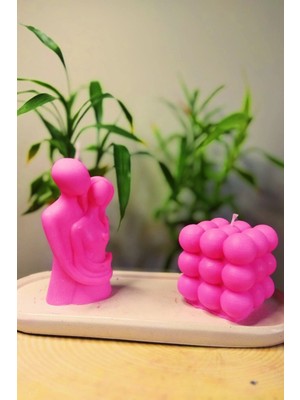 Bernami Kdekoratif Pinterest Sarılan Çift ve Bubble Detaylı Sunum Tabağı Içinde %100 Soya Wax Dekoratif Hediyelik 3'lü Mum Seti