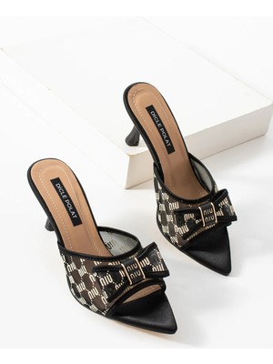 Kadın Siyah File Fiyonk Detaylı Sivri Burun Topuklu Terlik Lojo