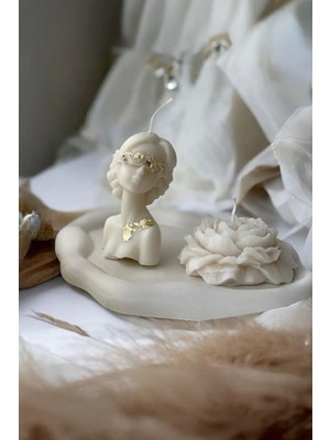 Bernami Kdekoratif Pinterest 3'lü Dekoratif Kız Figürlü Soya Mumu, Şakayık Mum ve Beyaz Taş Tabak Seti