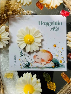 Bernami Dekoratif Pinterest 10 Adet Özel Tasarlanmış Kart ve Papatya Mum. Bebek Doğum, Babyshower, Doğum Günü, Hediyelik