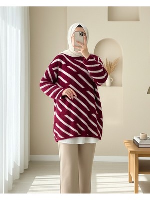 Modamorfo Yan Çizgili Sakallı Salaş Triko Kazak -Bordo