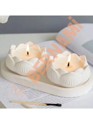 Bernami Nikah Pinterest 3'lü Dekoratif Lotus Mum ve Beyaz Tabak Seti ( 2 Set Gönderilmektedir.)