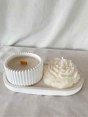 Bernami Dekoratif Pinterest Şömine Sesli (Ahşap Fitilli) Kokulu Mum - Şakayık - Tabak Seti ( 3 Parça Set)