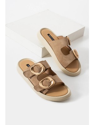 Kadın Bej Süet Çift Tokalı Yumuşak Tabanlı Günlük Terlik Nacho