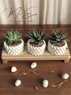 Bernami Dekoratif Pinterest 3'lü Dekoratif Örgü Tasarım Taş Tozu Mini Saksı - Boş Sukulent Saksısı